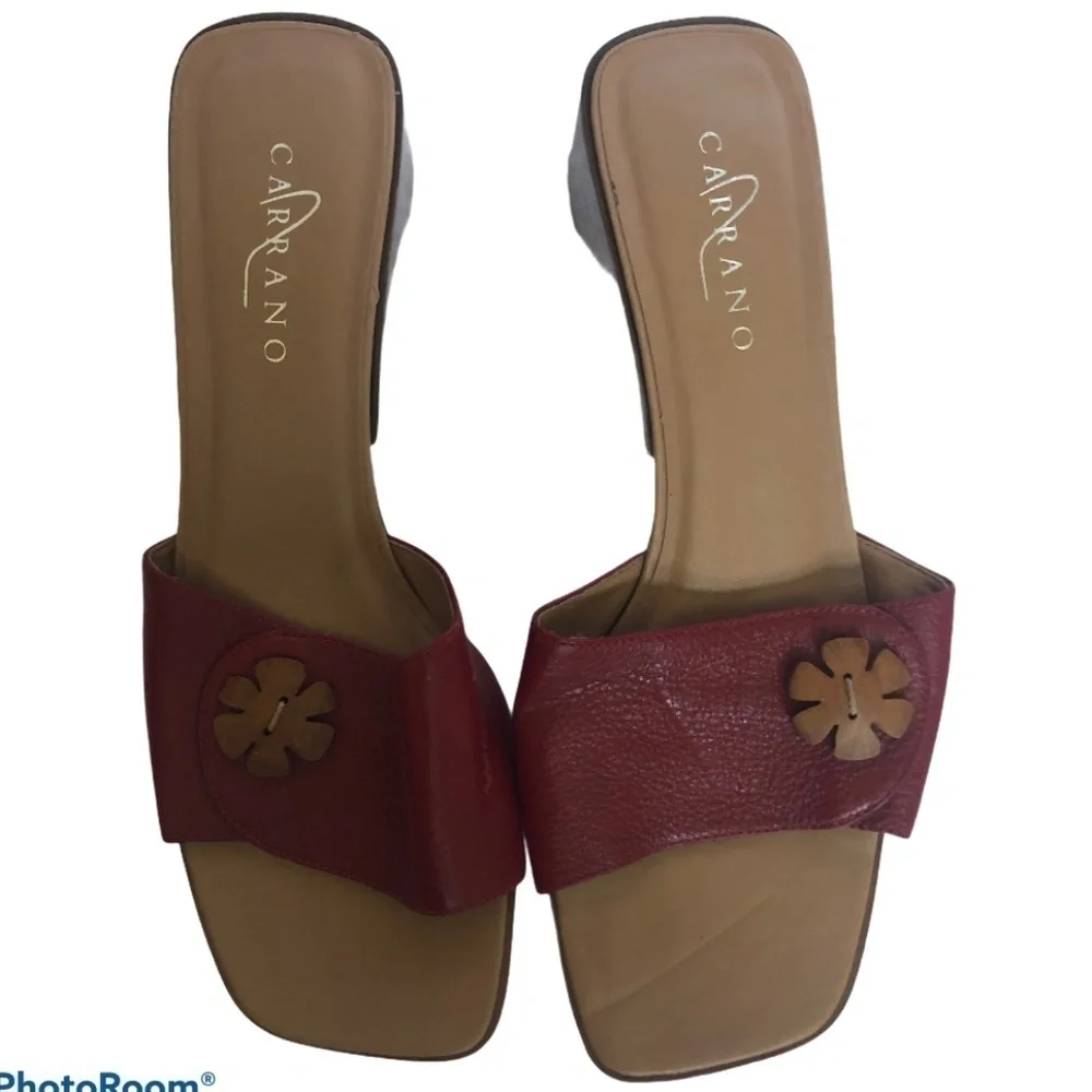 Carrano Red Leather Slip on Low Heel Sandals 8.5M